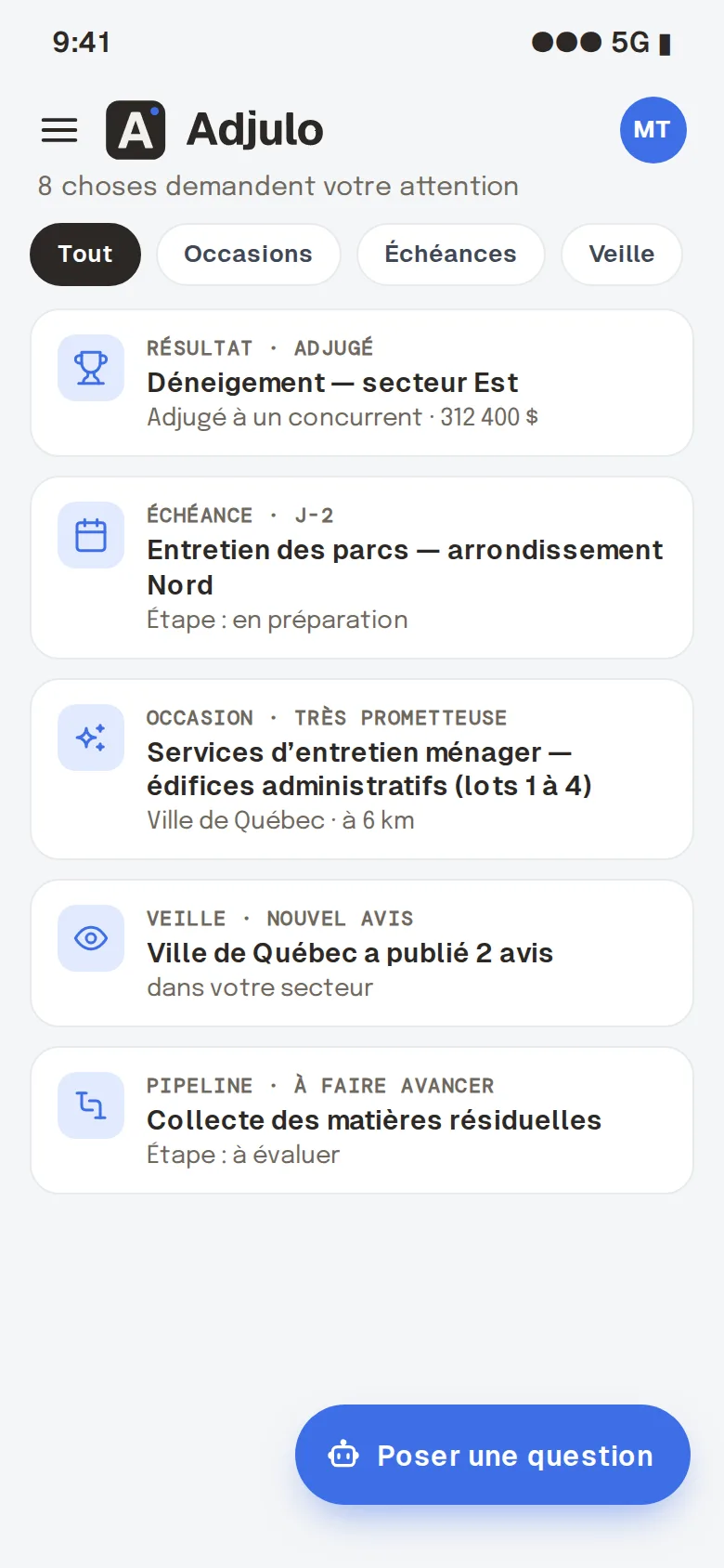 Adjulo sur un téléphone : un résultat d'adjudication, une échéance, une occasion et une nouveauté de veille