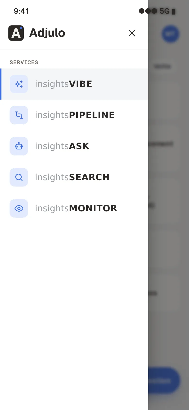 Le menu du portail mobile : InsightsVibe, InsightsPipeline, InsightsASK, InsightsSearch et InsightsMonitor