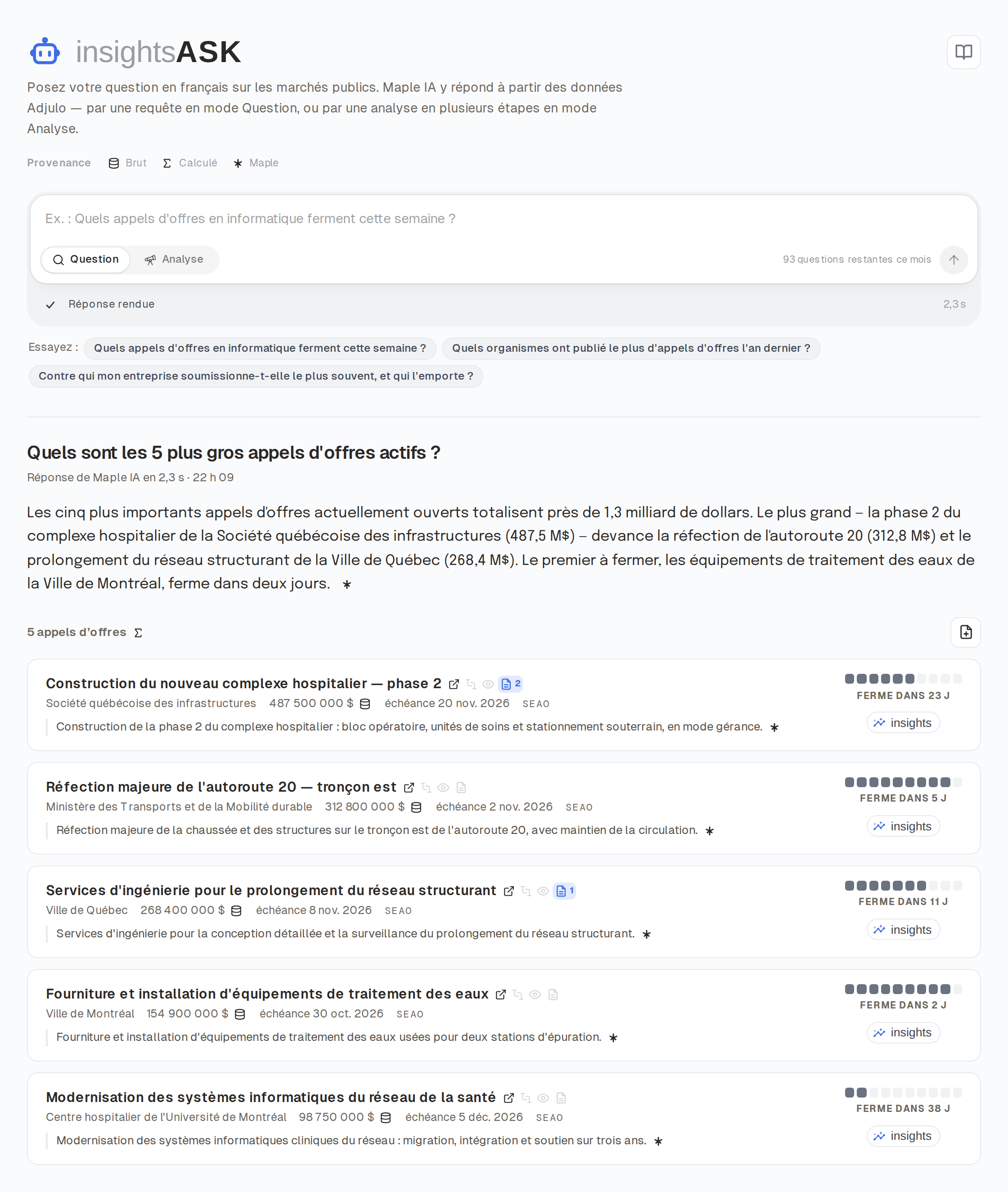 Screenshot of insightsASK: natural-language question and tiled answer