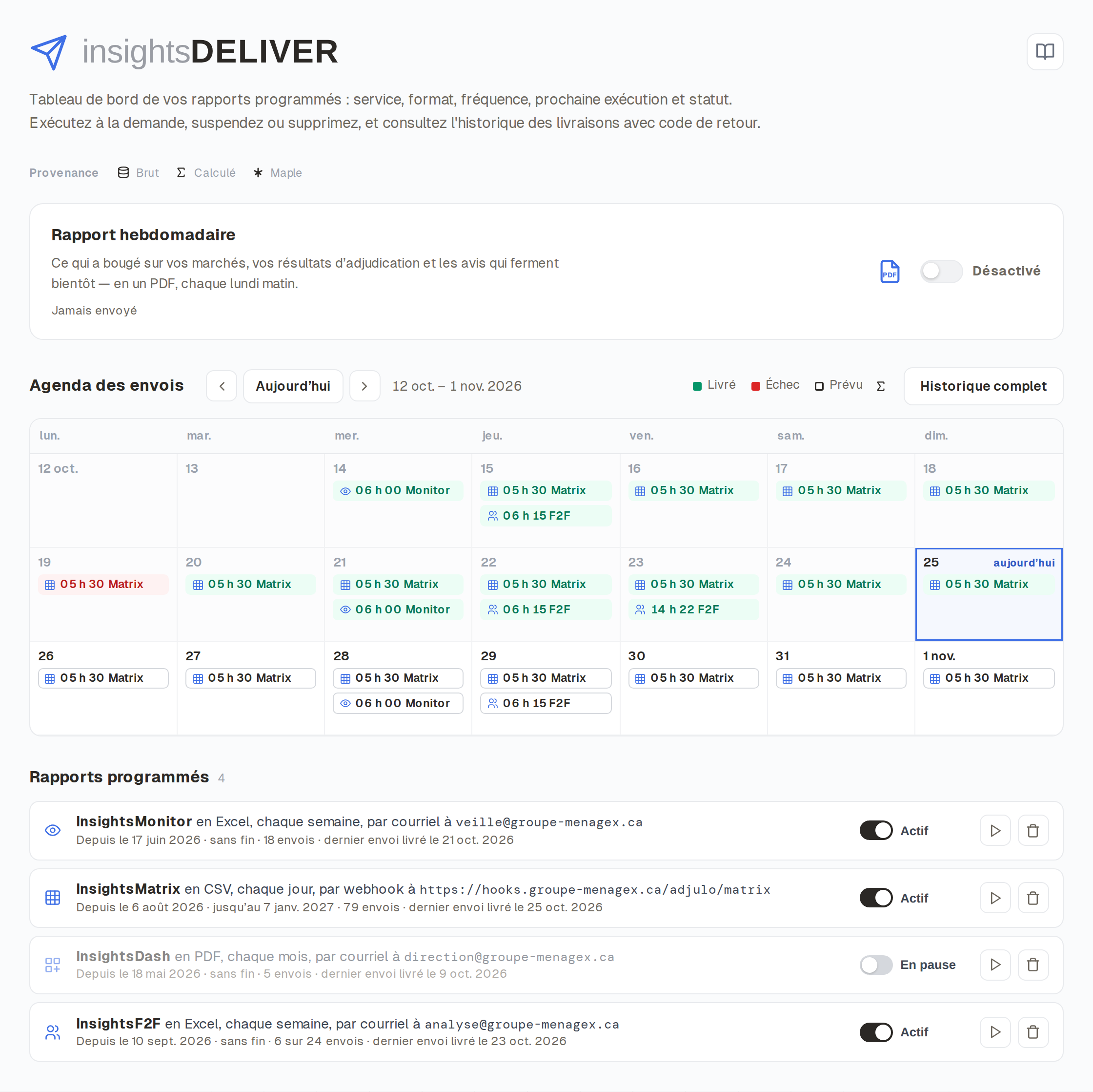 Capture d'écran d'InsightsDeliver : exports programmés et journal des envois