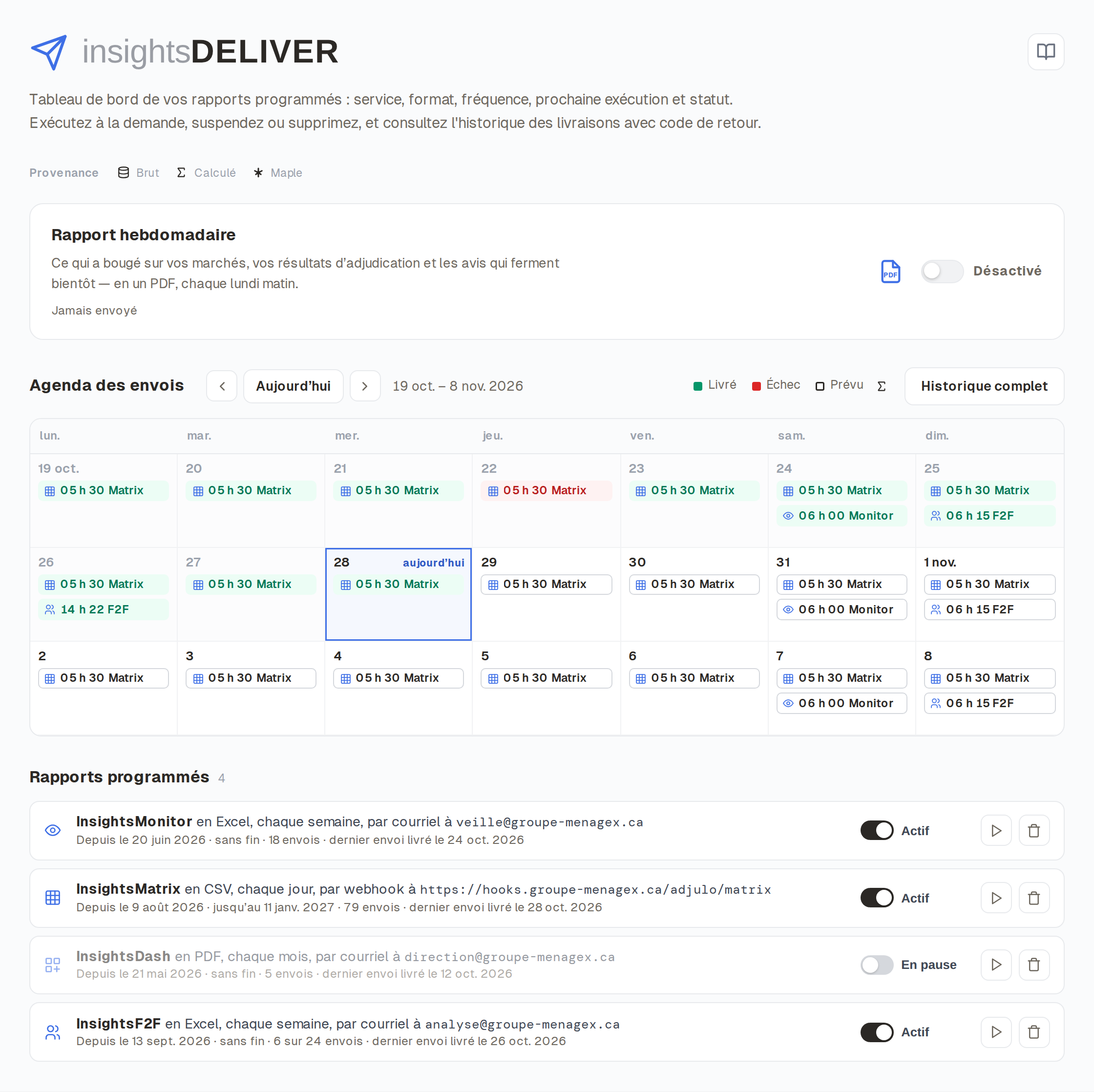 Screenshot of InsightsDeliver: scheduled exports and delivery log