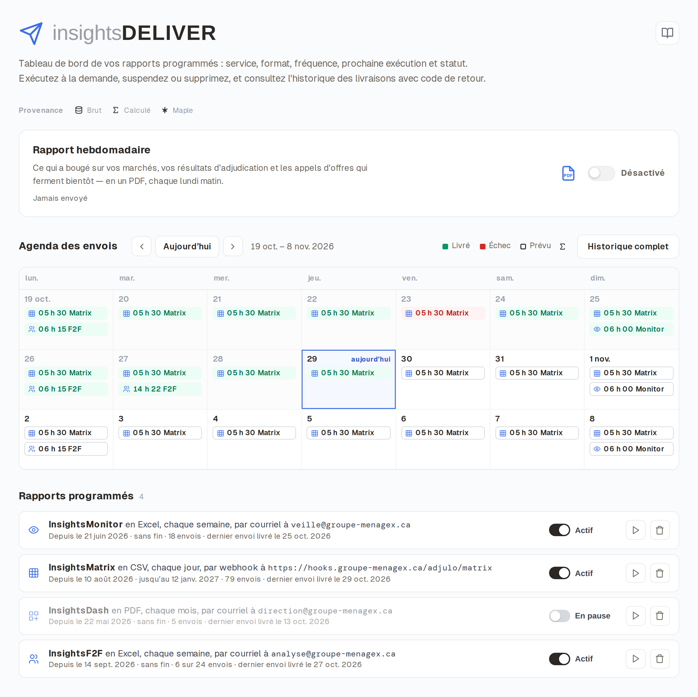 Screenshot of InsightsDeliver: scheduled exports and delivery log