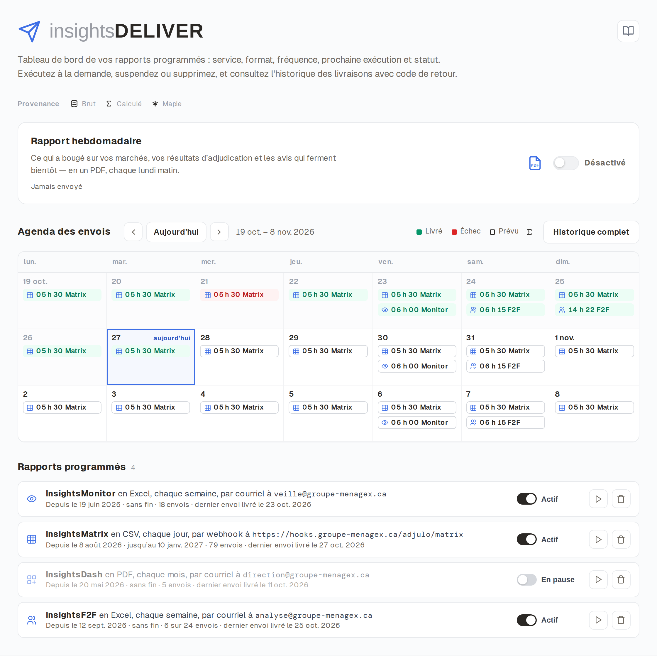 Capture d'écran d'InsightsDeliver : exports programmés et journal des envois