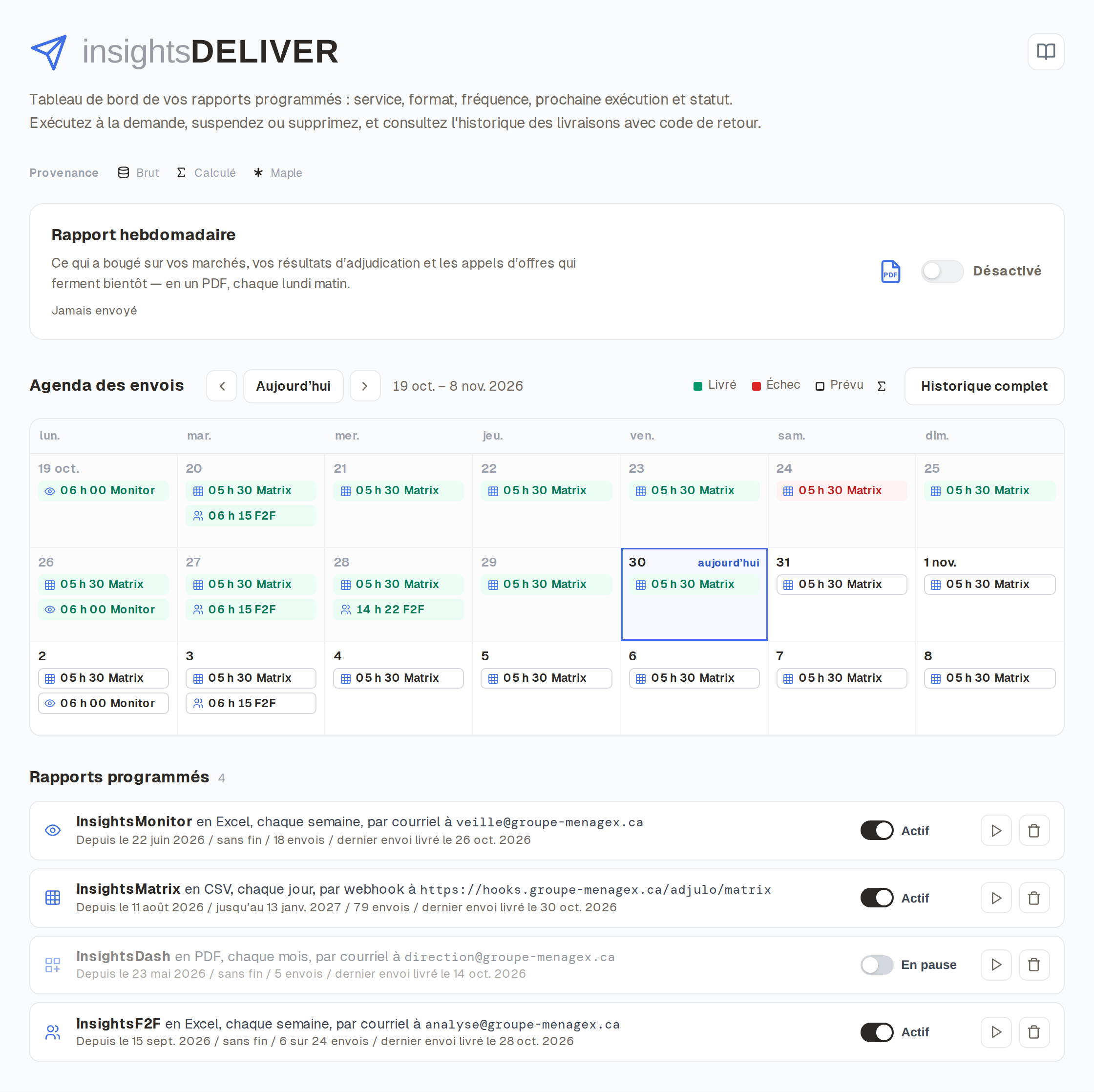 Capture d'écran d'InsightsDeliver : exports programmés et journal des envois