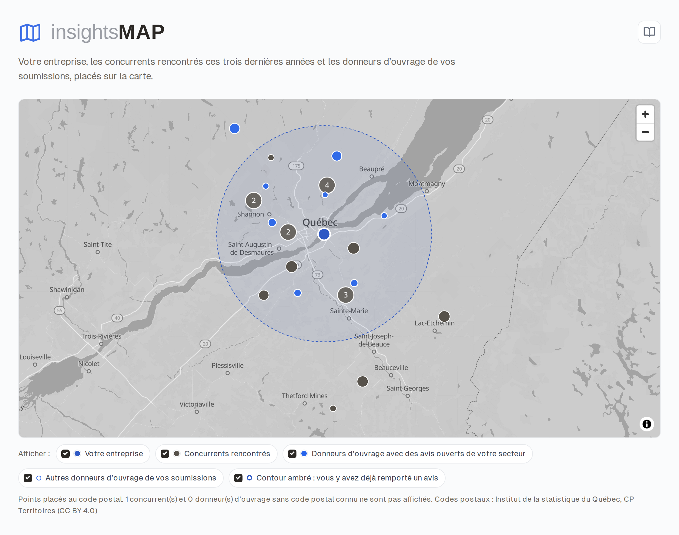 Capture d'écran d'InsightsMap : concurrents et donneurs d’ouvrage sur la carte
