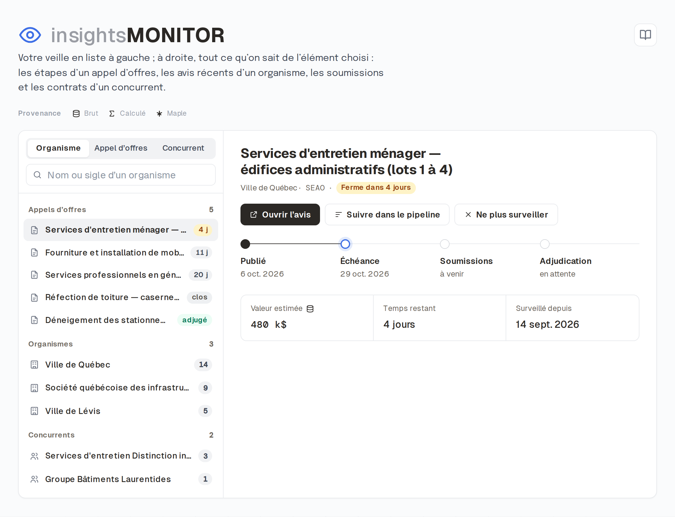 Capture d'écran d'InsightsMonitor : veilles actives