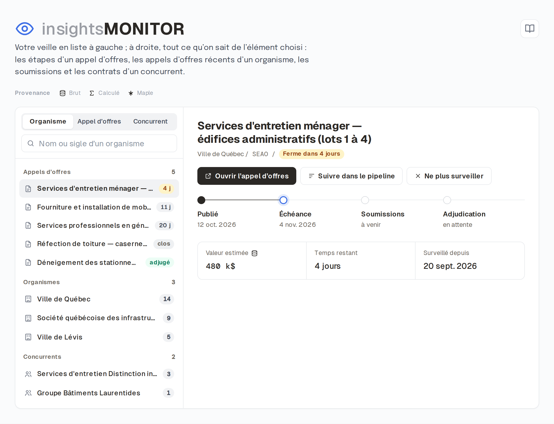 Capture d'écran d'InsightsMonitor : veilles actives
