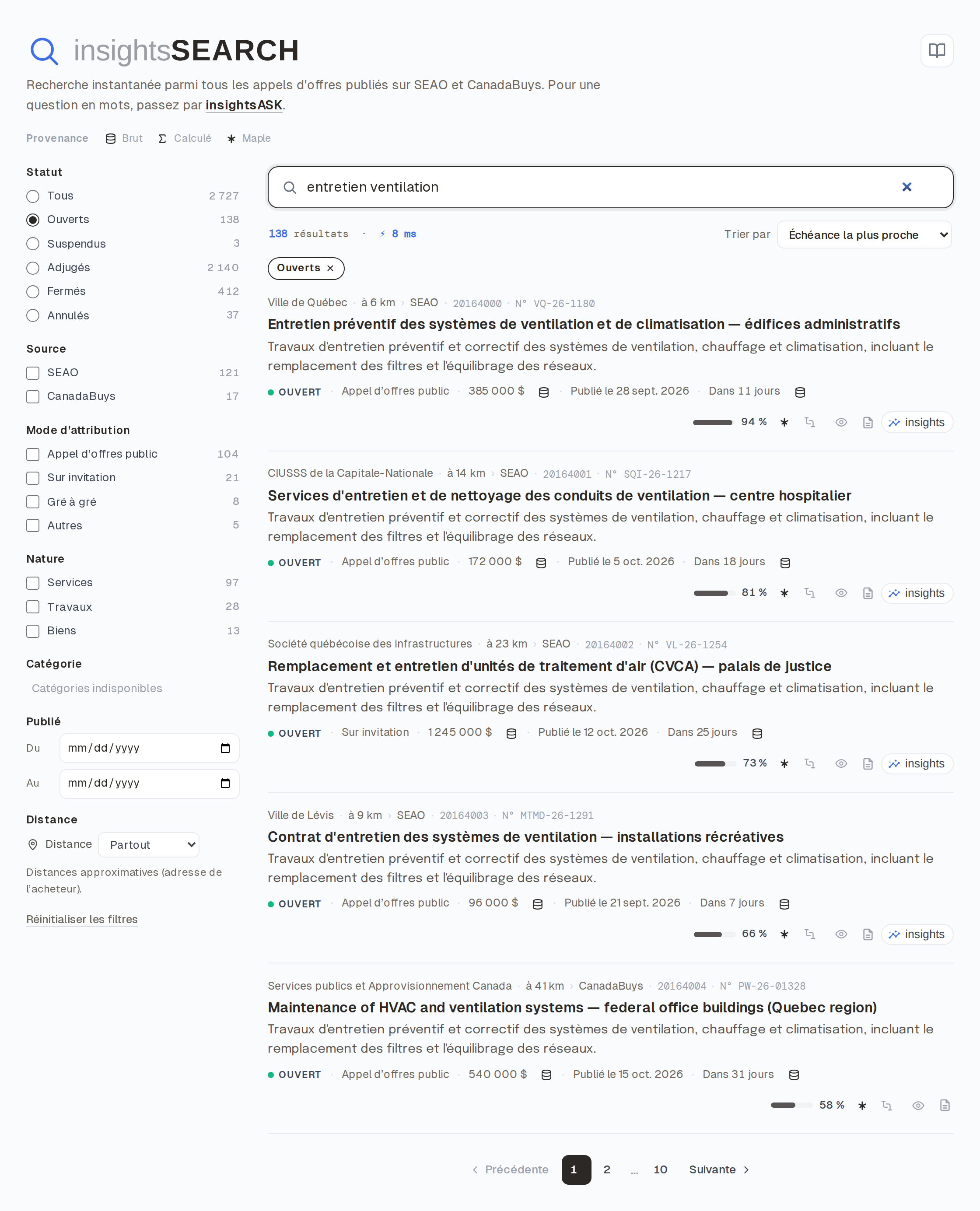 Capture d'écran d'InsightsSearch : résultats de recherche d'appels d'offres