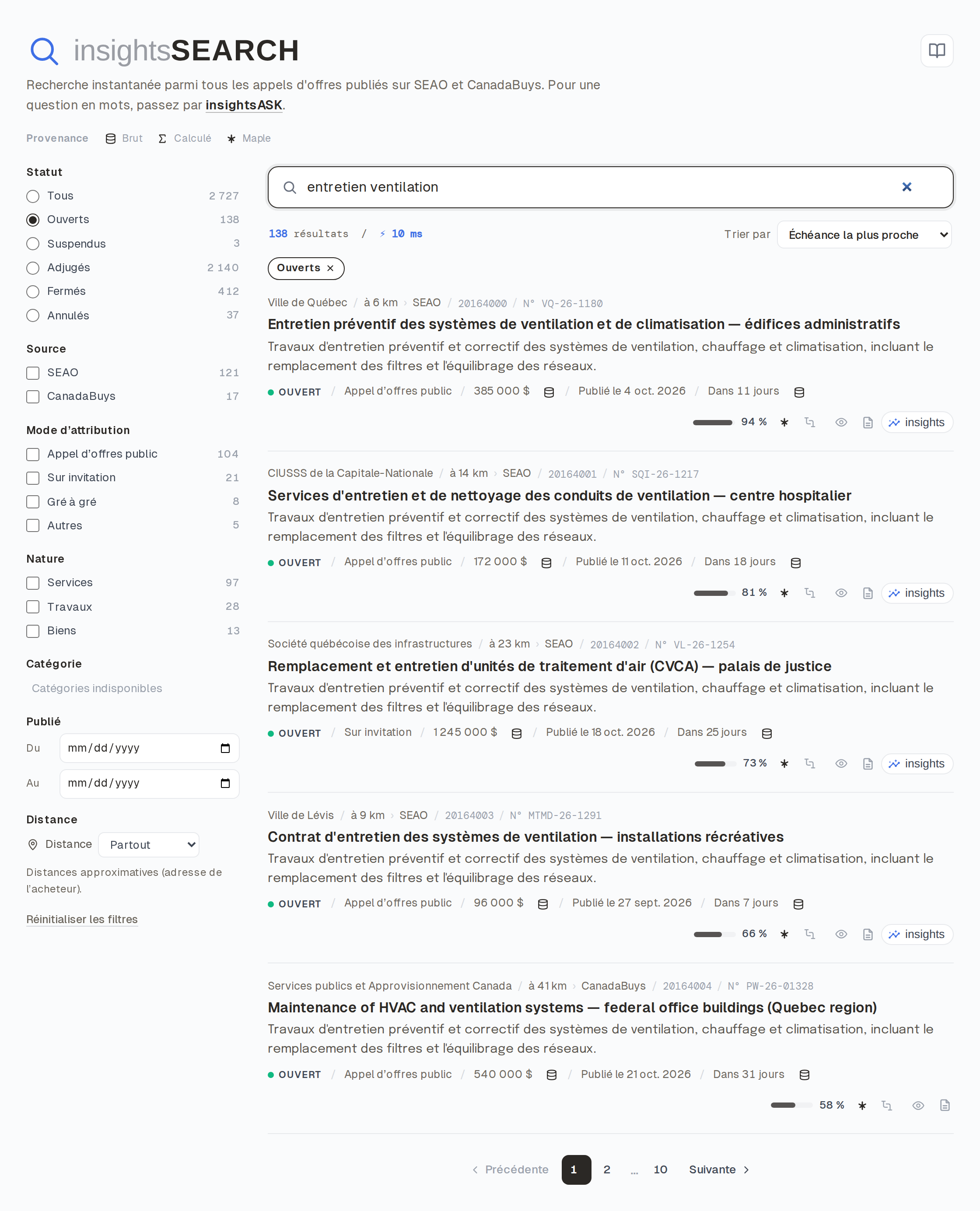 Capture d'écran d'InsightsSearch : résultats de recherche d'appels d'offres