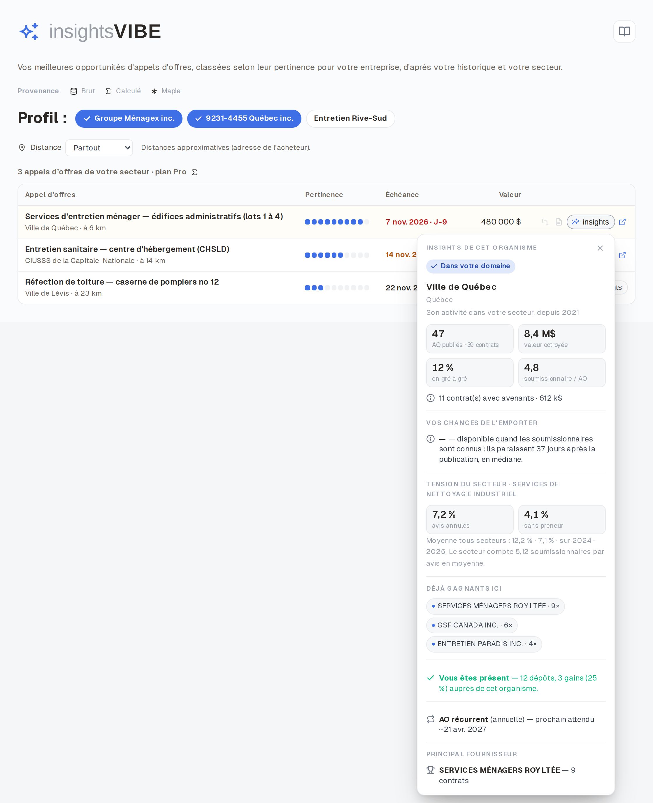 Screenshot of InsightsVibe: opportunities ranked by relevance and potential